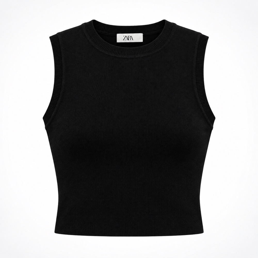 Zara Womens Ribbed Knit Sleeveless‎ Top Crew Neck Black Cropped Tank XL